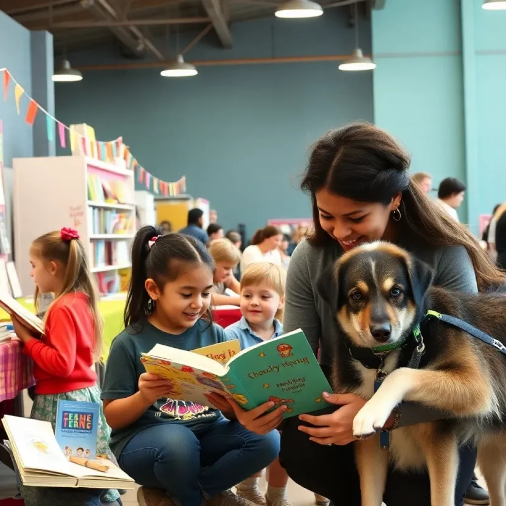 Children participating in the Seuss on the Loose reading event with crafts and therapy dogs