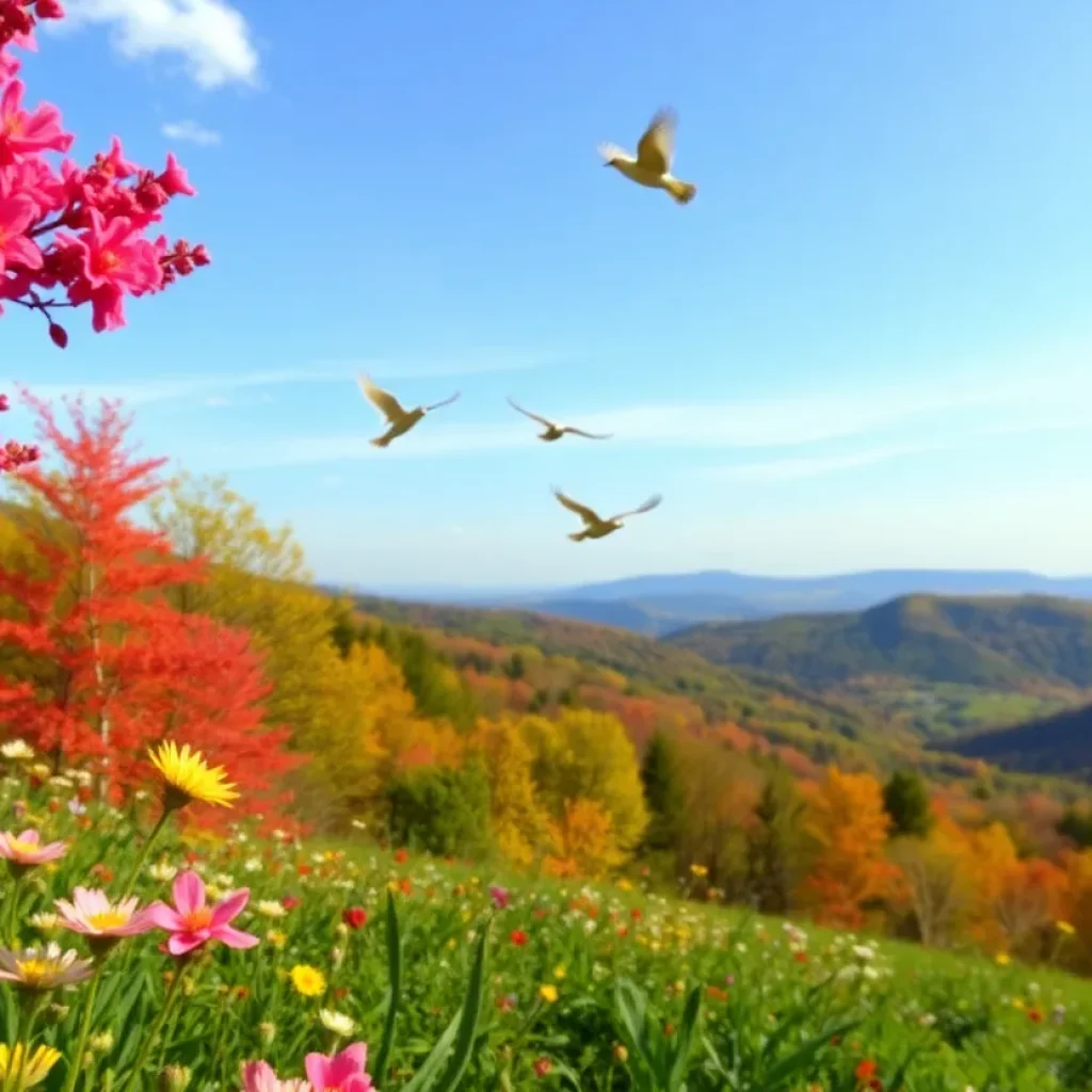 Scenic view of Warriors’ Path State Park with blooming wildflowers and birds in spring