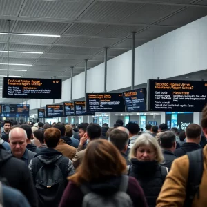 Long queues at an airport with error screens due to a major tech glitch