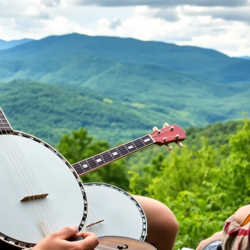 Scenic view of Appalachian Mountains with folk music instruments.