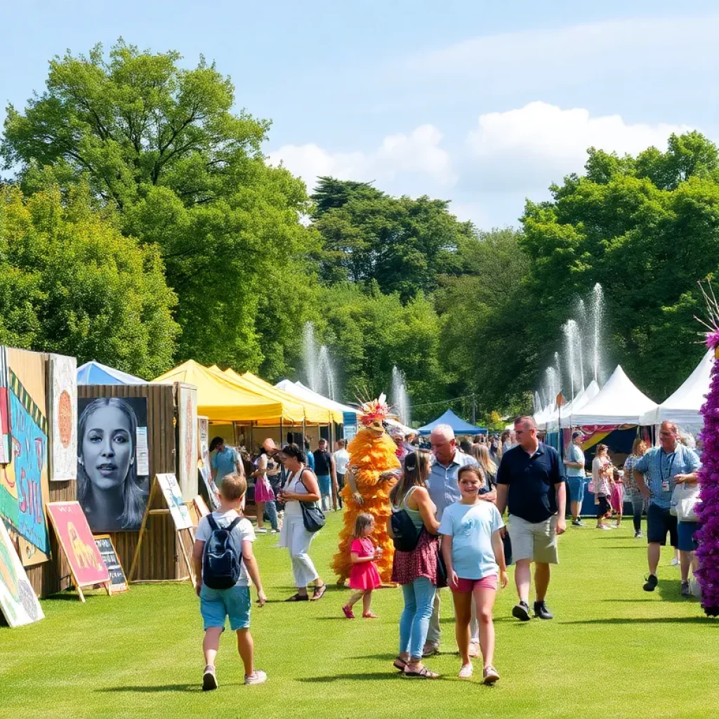 Crowd enjoying the Art Struck Festival in Johnson City with colorful art displays.