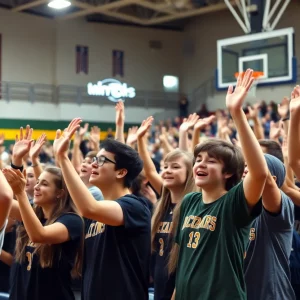 Fans cheering at a high school basketball game.
