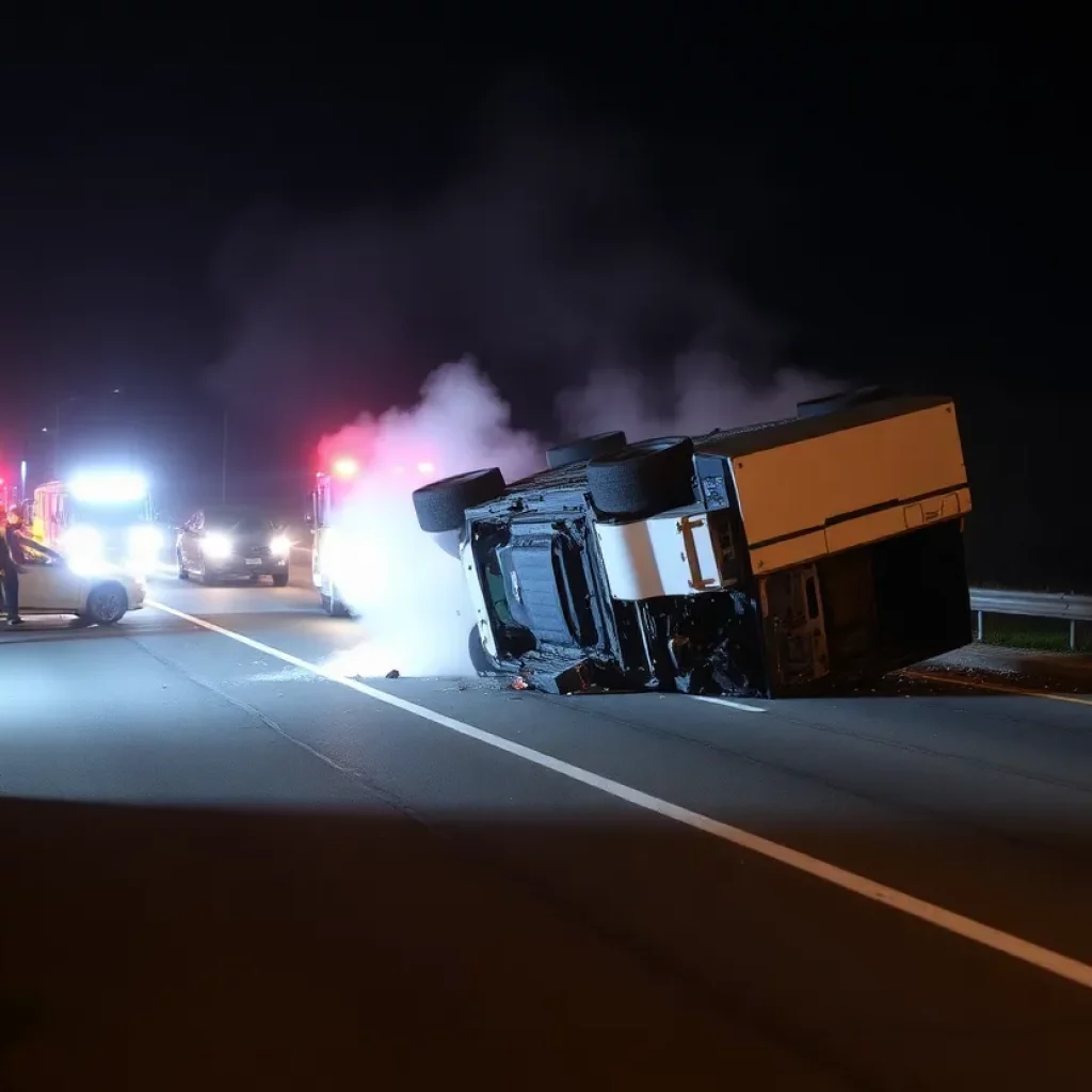 Emergency responders at a vehicle rollover crash site with flames and smoke