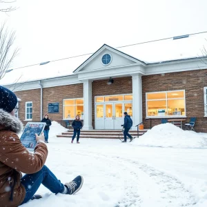 School building in snowy conditions with students engaged in remote learning