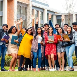 Diverse group of international students celebrating on campus