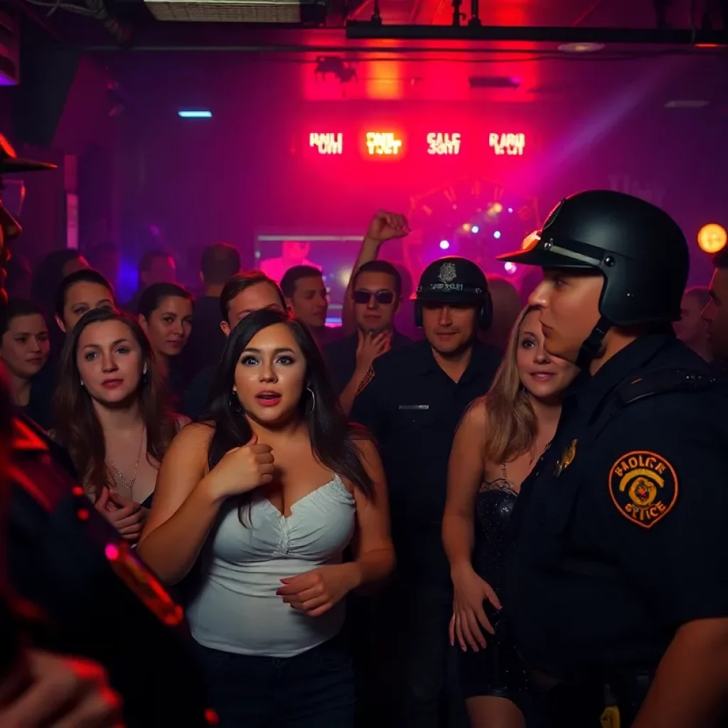 Law enforcement officers conducting a raid in a nightclub