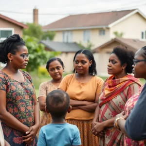 Residents discussing child safety in a community setting