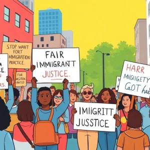 A diverse group of community members holding signs for immigration reform.