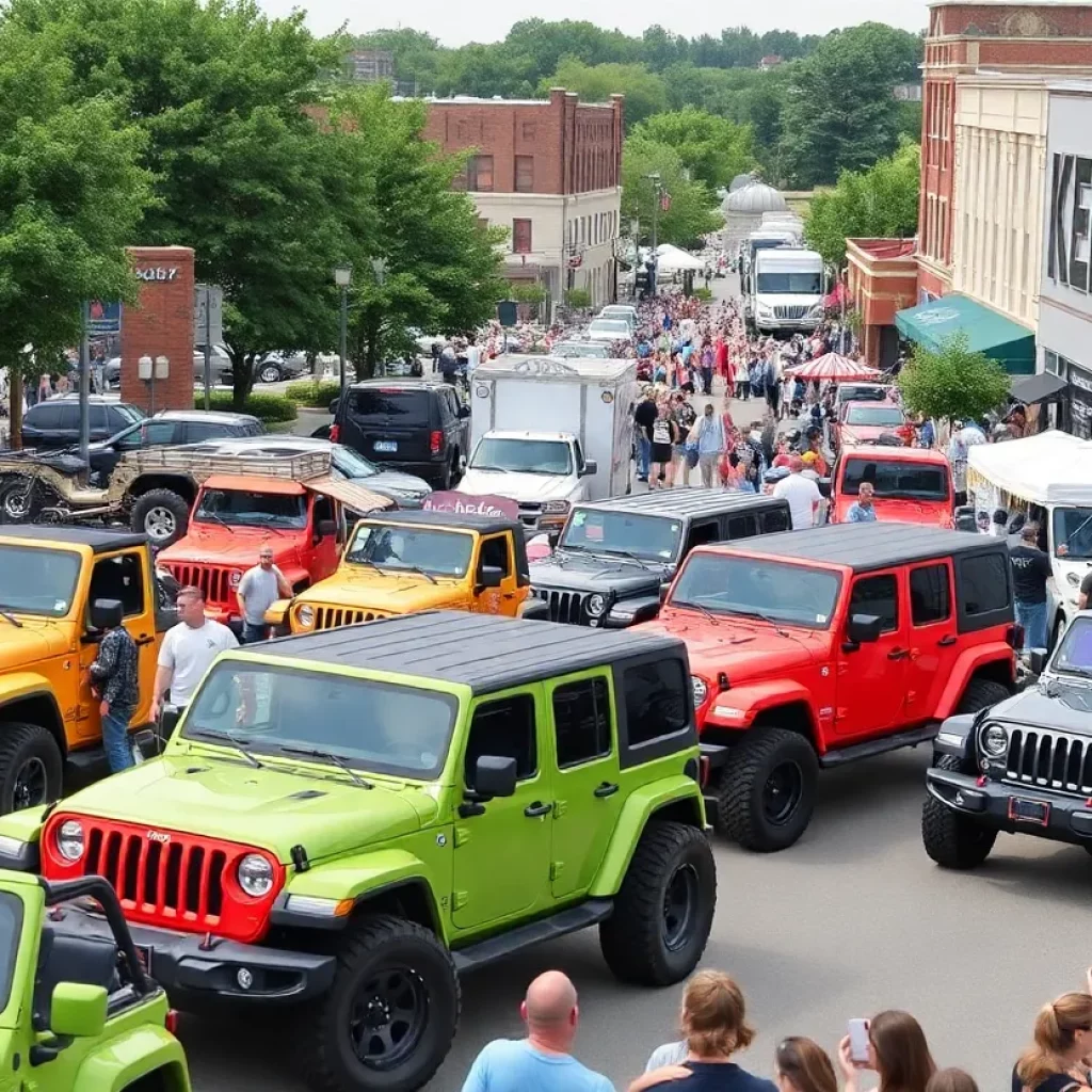 Festival atmosphere at the Country Roads Jeep Classic with Jeeps and families enjoying the events.