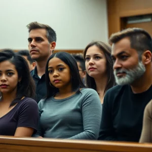 A family gathered in a courtroom setting, depicting emotional tension over a child’s deportation case.