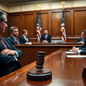 Courtroom scene depicting a trial with legal proceedings