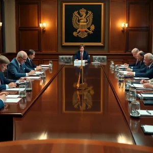 Diplomatic meeting with officials discussing at a large table