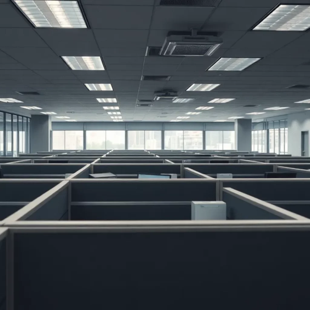 Empty cubicles in a media office after layoffs.