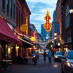 Night view of downtown Johnson City with bustling bars and restaurants