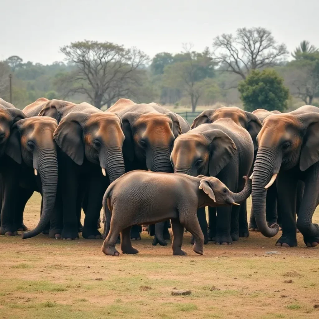 Elephants forming a protective circle around their calves in a wildlife park.