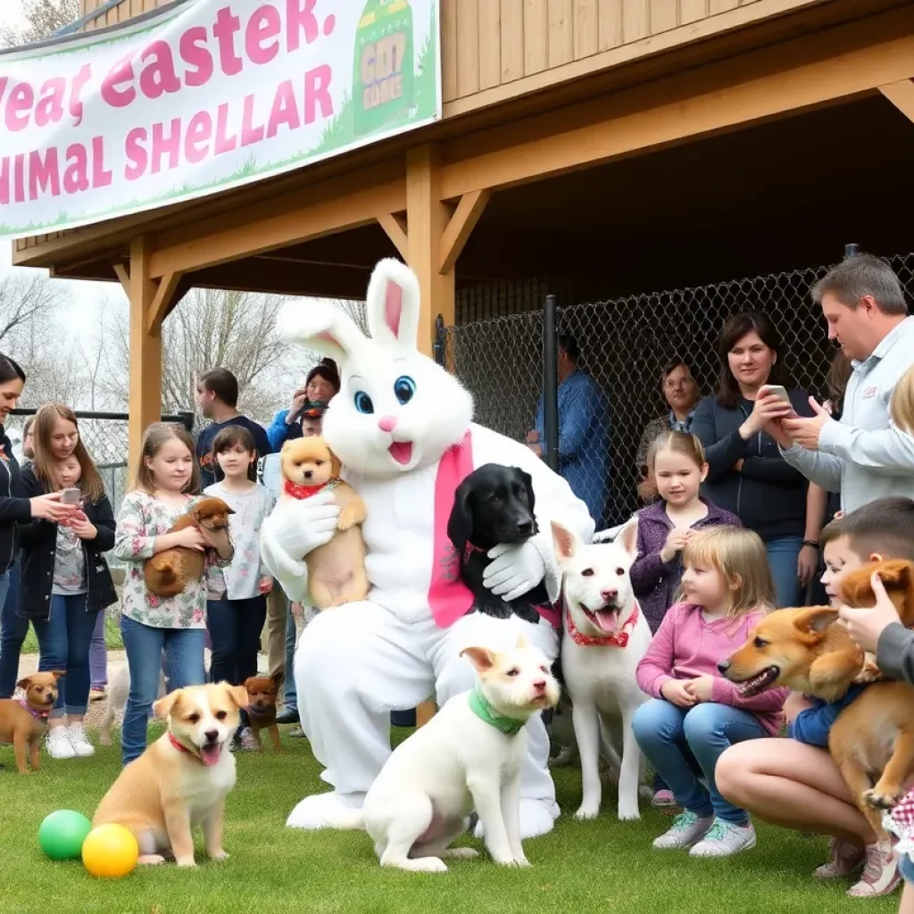 Families adopting pets at Elizabethton Animal Shelter with Easter Bunny