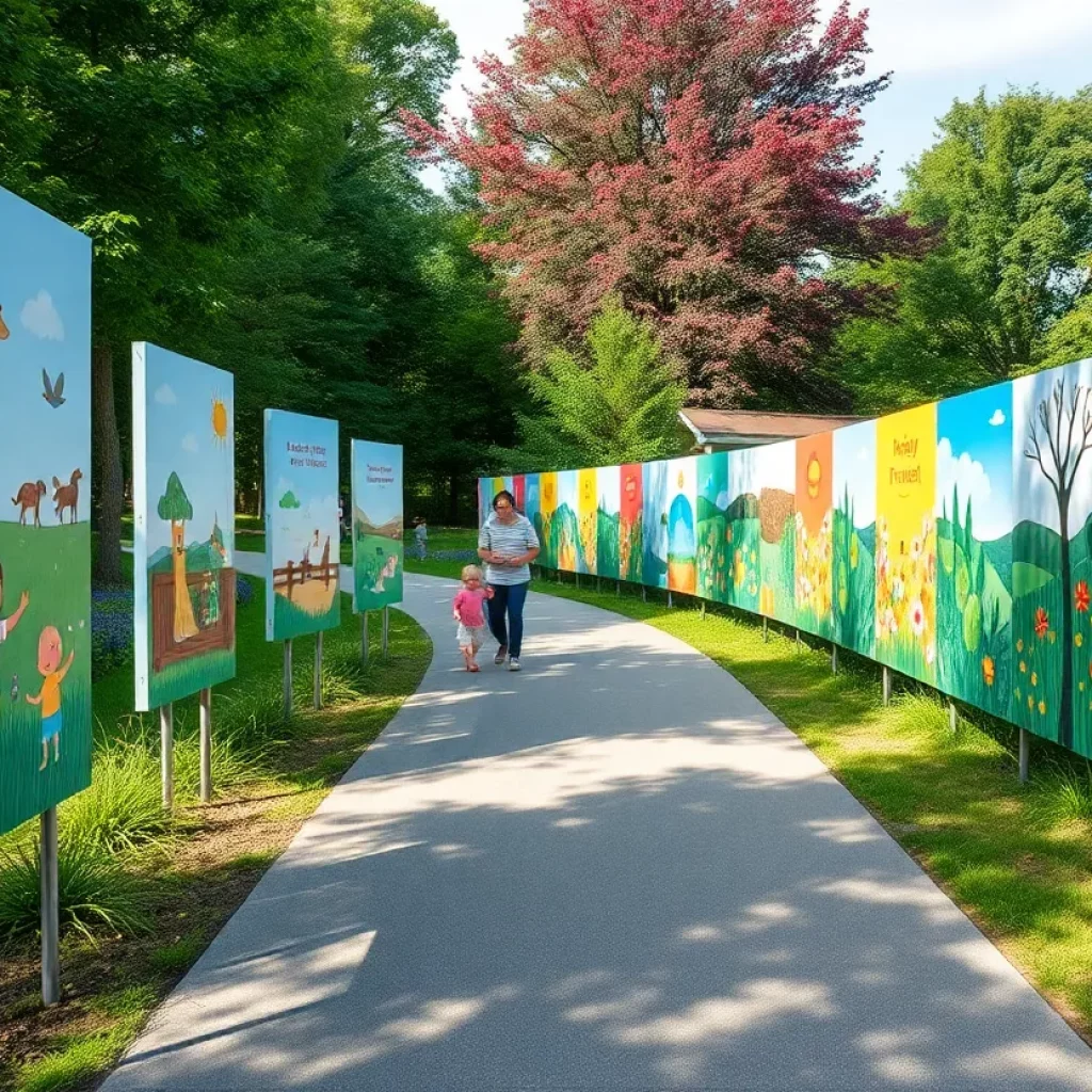 Children exploring the Elizabethton Storybook Trail with colorful book panels