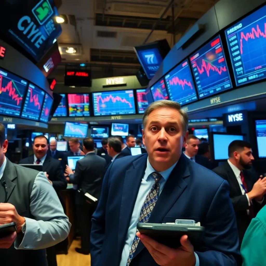 Image depicting a chaotic stock market trading floor during a decline.