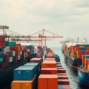 Illustration of global trade with cargo ships and containers symbolizing economic shifts