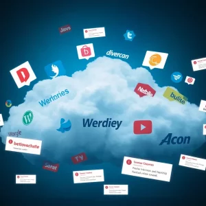 Digital representation of major websites impacted by an internet outage with error messages around.