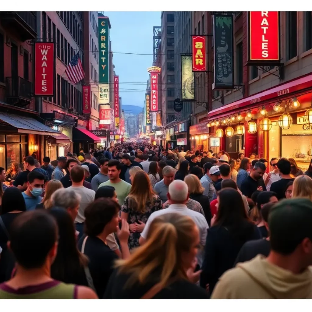 Vibrant downtown Johnson City with lively nightlife and people socializing.