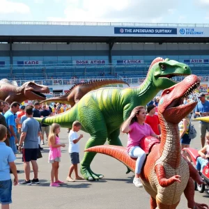 Families enjoying the Jurassic Quest event with dinosaur exhibits at Bristol Motor Speedway.
