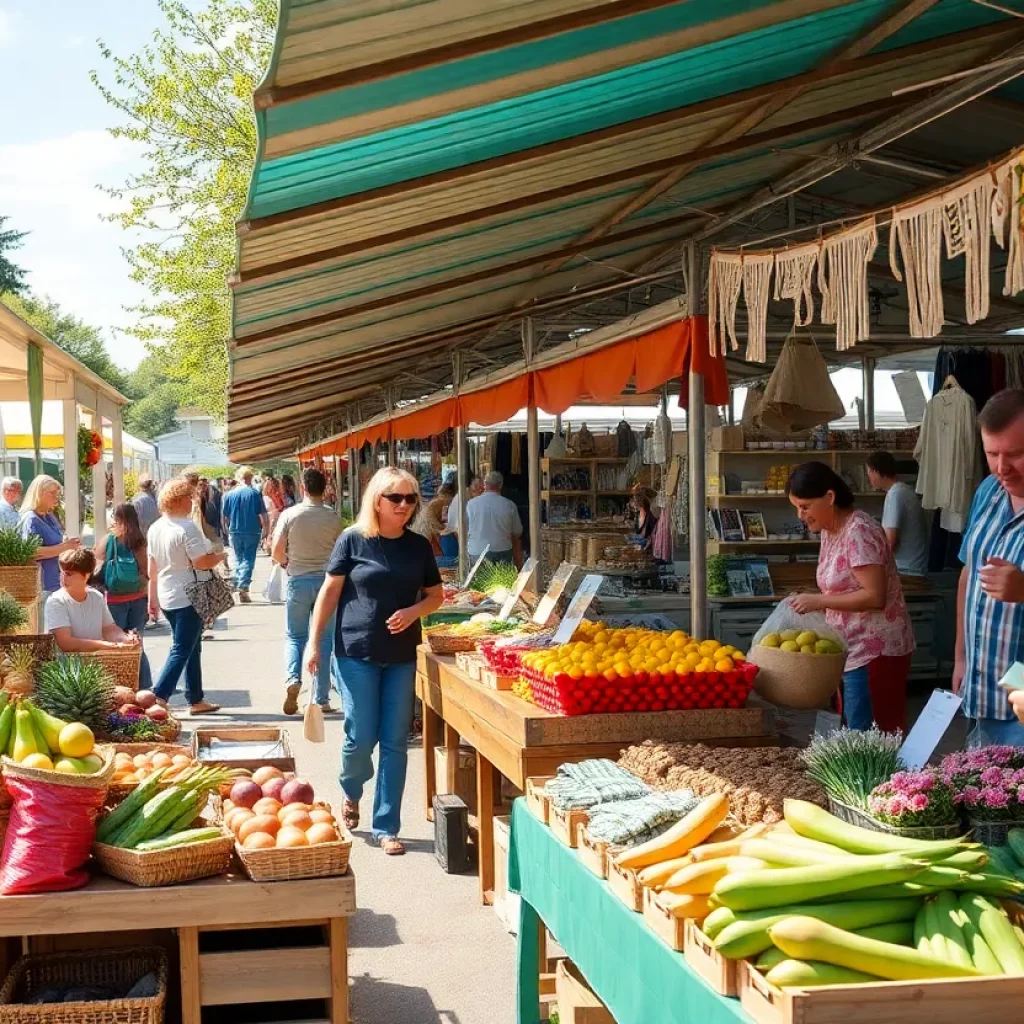 A lively farmers market with vendors selling fresh produce and homemade goods.