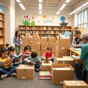 Community volunteers packing books at Kingsport Public Library