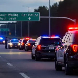 Police vehicles and emergency responders at a shooting scene on the highway.