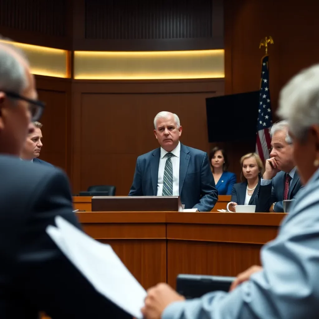 Courtroom depiction highlighting immigrant rights issues