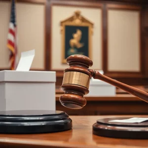Courtroom with gavel and election ballot boxes
