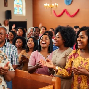 A lively gathering of people singing at a Sacred Music Celebration in Johnson City