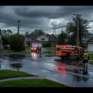 Severe storm damage with flooded areas and emergency responders
