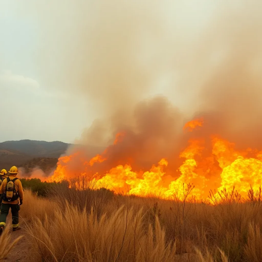 Wildfire in California with firefighters battling flames
