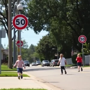 Street view in Elizabethton showing a 30 mph speed limit sign and children playing nearby.
