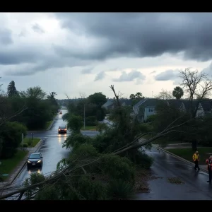 Damage caused by a severe storm with fallen trees and affected properties.