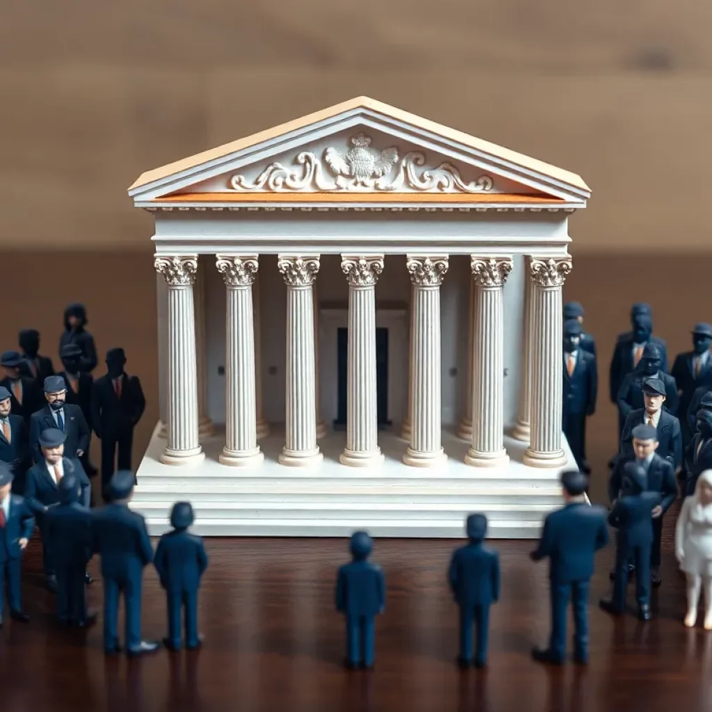 Illustration of the U.S. Supreme Court with symbols of federal employment