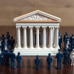 Illustration of the U.S. Supreme Court with symbols of federal employment