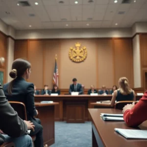 Courtroom scene related to transgender athletes legal case