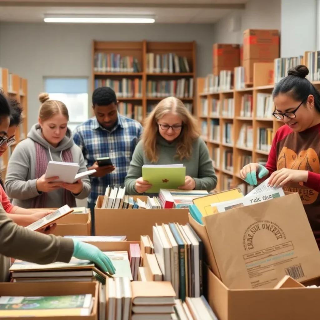 Community volunteers packing boxes in Kingsport Library