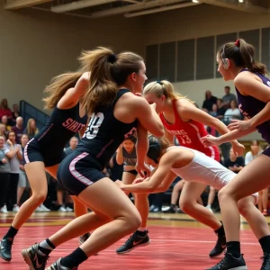 Female wrestlers competing at King University gym
