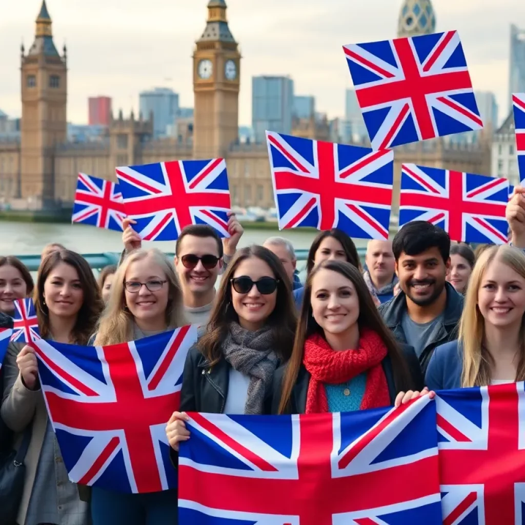 Group of hopeful individuals displaying British flags in front of iconic landmarks.