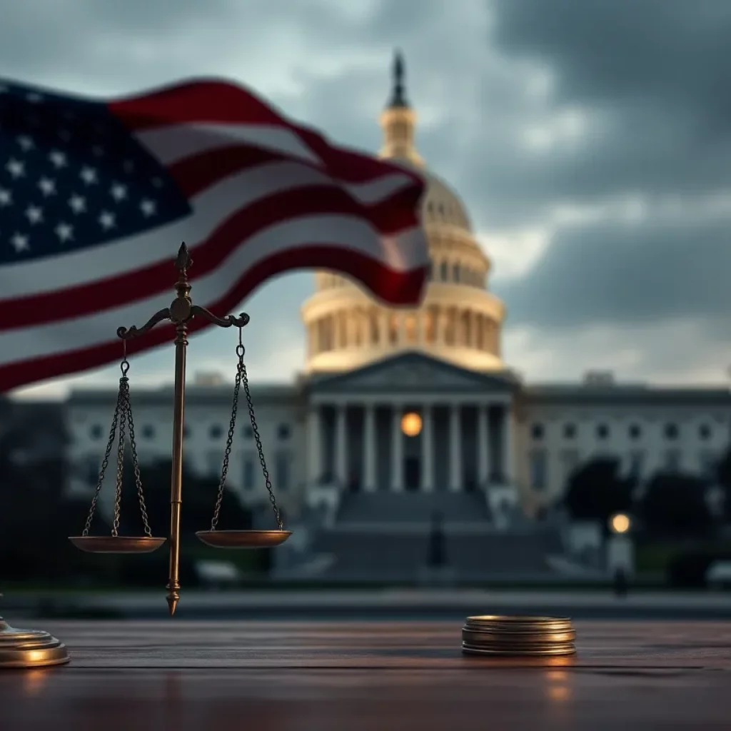 Symbolic representation of justice with the Capitol building in the background