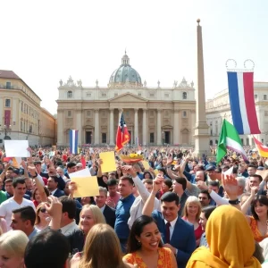 Joyful crowd in St. Peter's Square celebrating Pope Leo XIV's election.