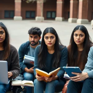 A group of students in a courtyard looking worried about their academic future.