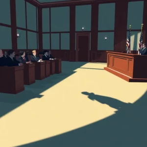 A courtroom with a jury table showing deliberation regarding police accountability.