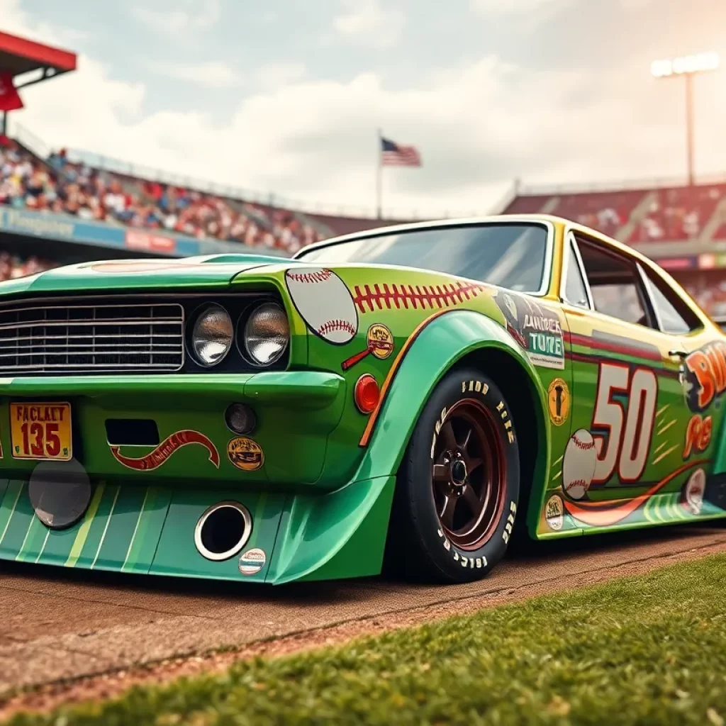 No. 8 Budweiser/MLB race car in action at a racetrack
