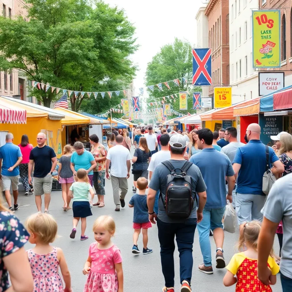 Festive scene at the Elizabethton First Friday Summer Series with food trucks and live music.