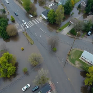 Aerial view of flooded streets and vehicles in Western Maryland