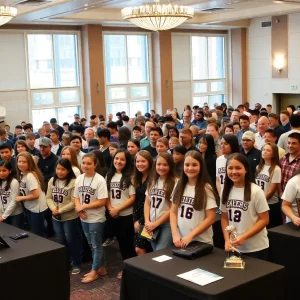 Attendees celebrating at the Hall of Fame induction ceremony for school sports.